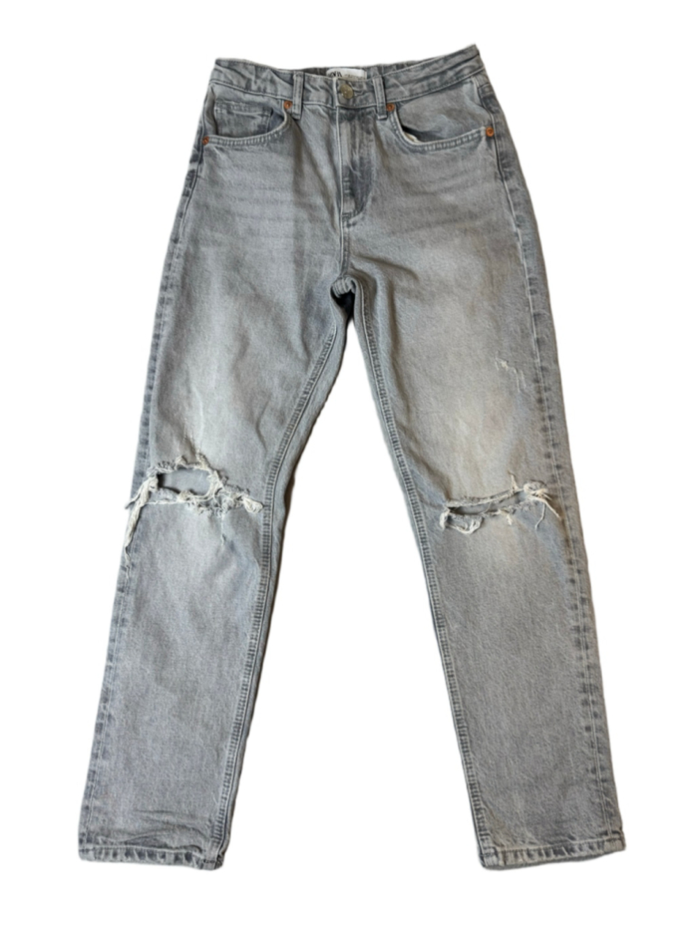 Zara Gray High Rise Distressed Straight Leg Ripped Jeans Size 4